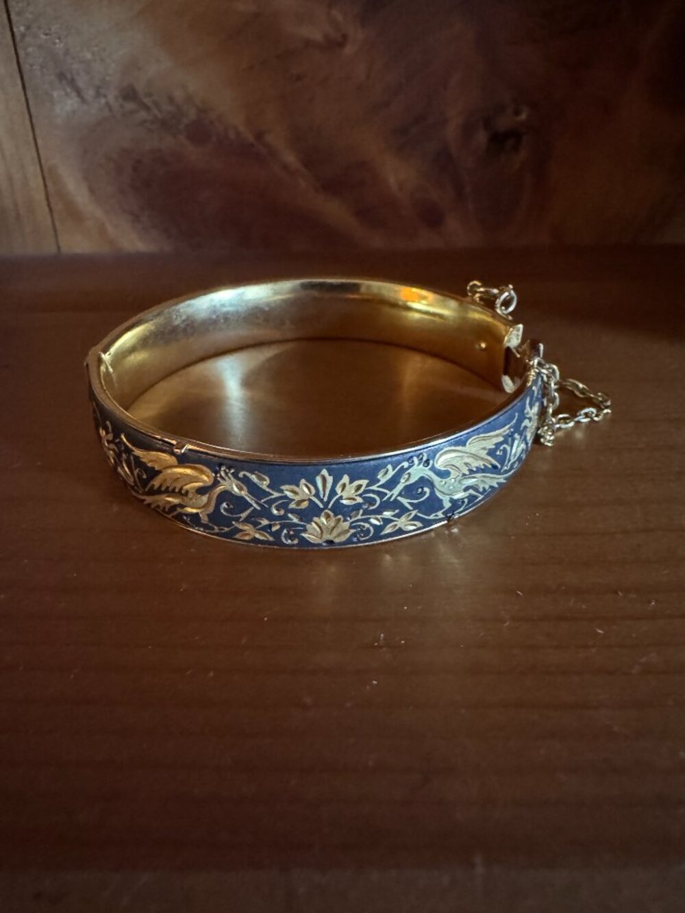 Vintage Damascene Gold Black Hinged Bracelet With Chain Bird-of-paradise